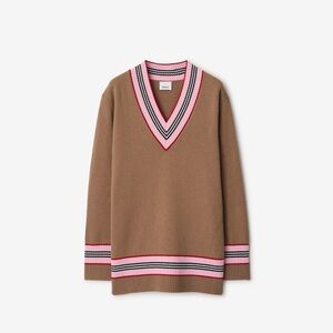 Burberry 100%cashmere Brown V-Neck Sweater with Pink and Black Stripe Trim